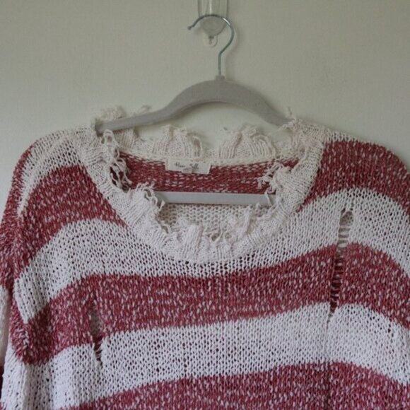 Women's Red and White Striped Distressed Long Sleeve Sweater Medium - Picture 3 of 5